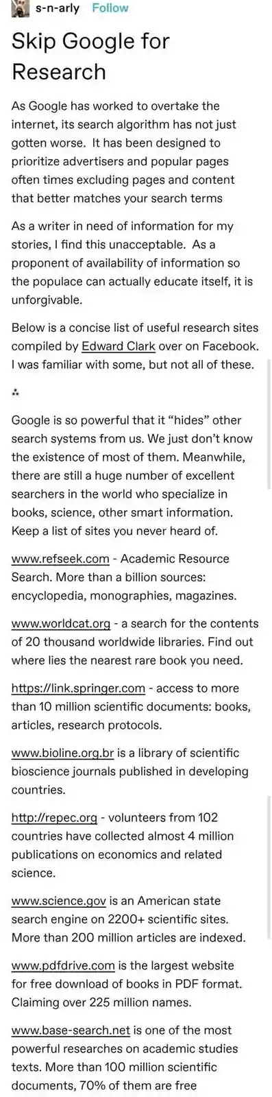 A screenshot of a social media post titled 'Skip Google for Research' by user 's-n-arly'. The post argues that Google's…
