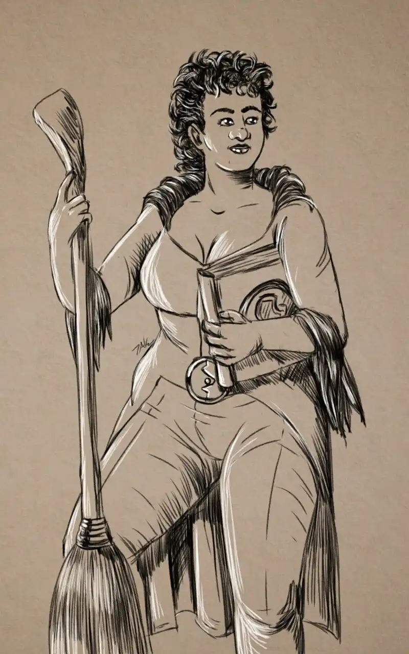 A sepia-toned sketch depicts a woman with curly hair, wearing draped robes and holding a broomstick in one hand and a book…
