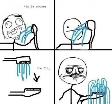 A four-panel comic shows a person in a shower, then a diagram of a toothbrush being flipped to drain water, followed by the…