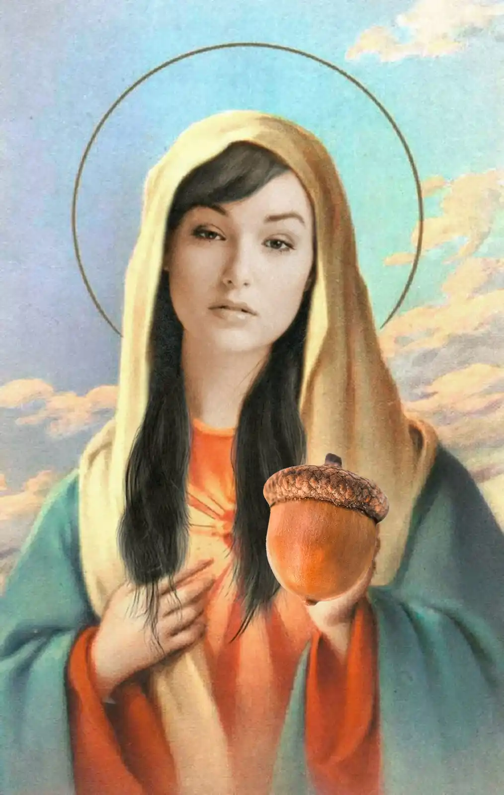 A religious painting of a woman with a halo, wearing a yellow veil and orange and teal robes, holds a large acorn in her…