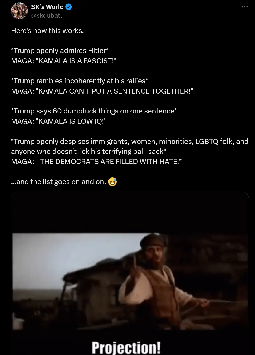 A screenshot of a tweet by 'SK's World' listing various fictionalized claims about Trump and MAGA supporters' reactions…