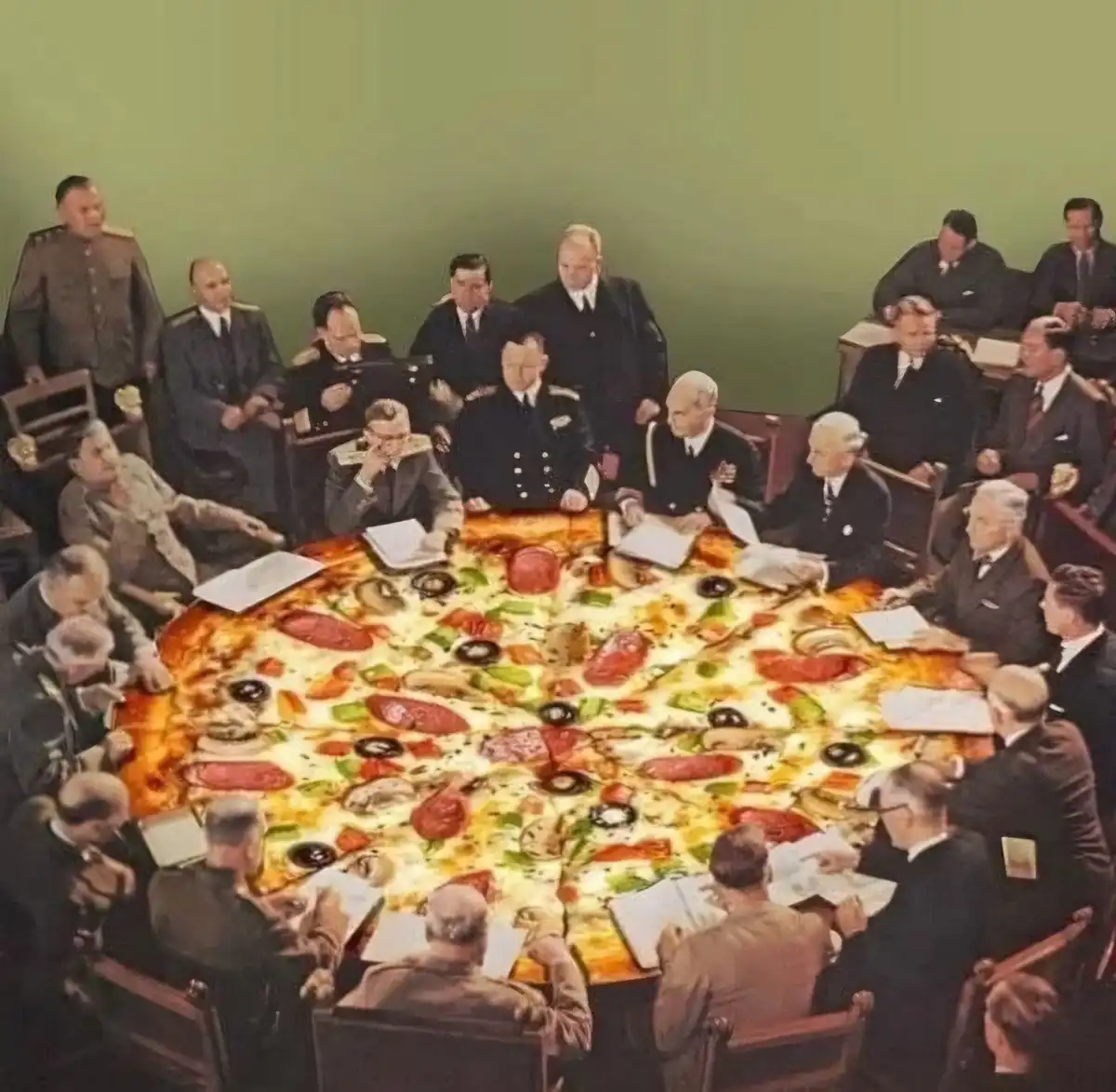 A historical photograph shows numerous men in military and formal attire seated around a large wooden table, appearing to be…