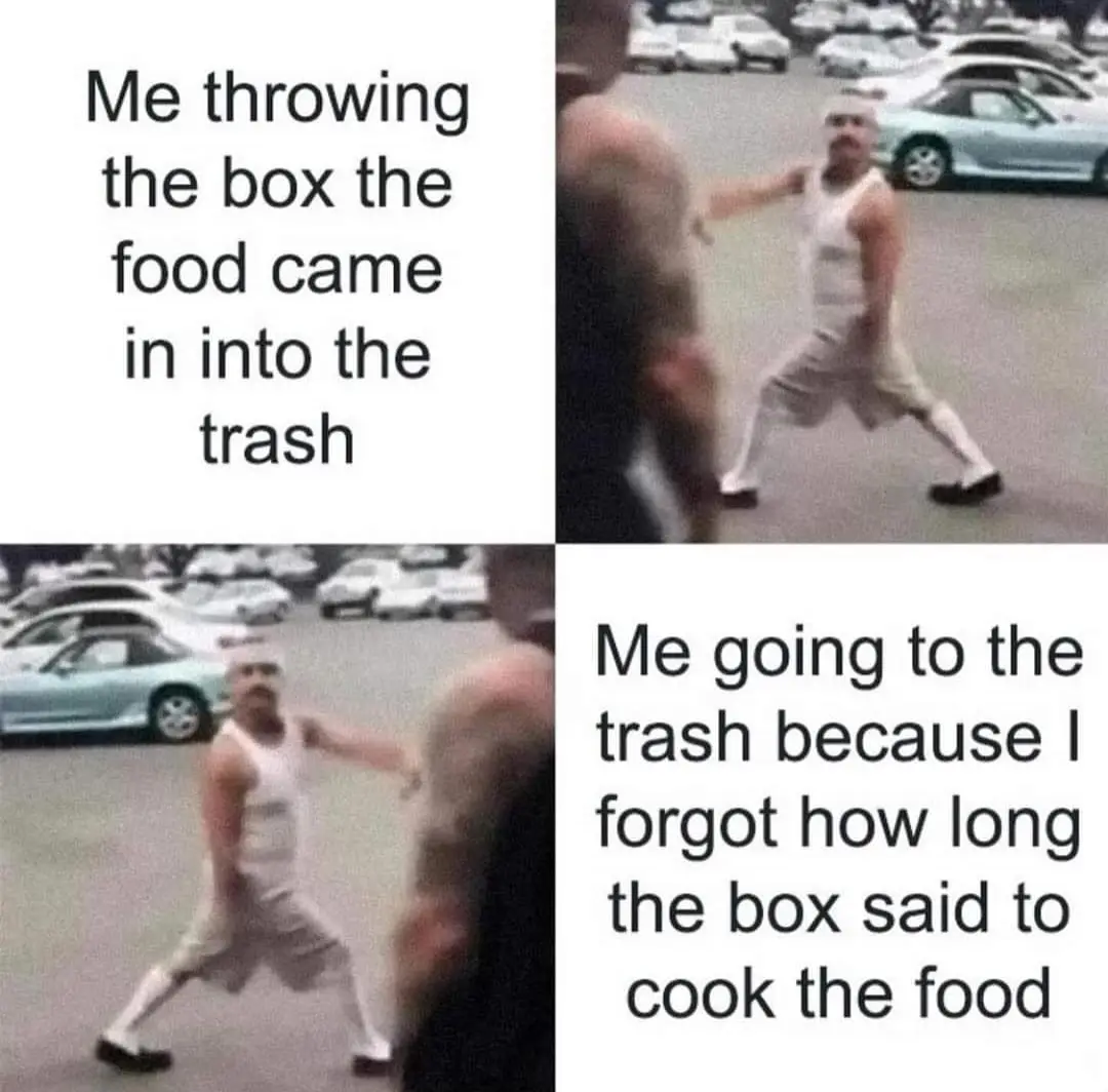 A two-panel meme using a blurry security camera clip of a man in a white tank top and light pants throwing something in a…