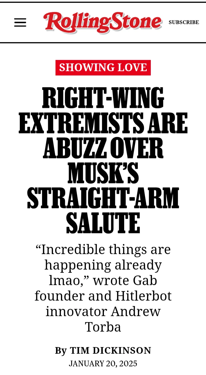 The image displays a mock Rolling Stone magazine article header with the headline 'RIGHT-WING EXTREMISTS ARE ABUZZ OVER…