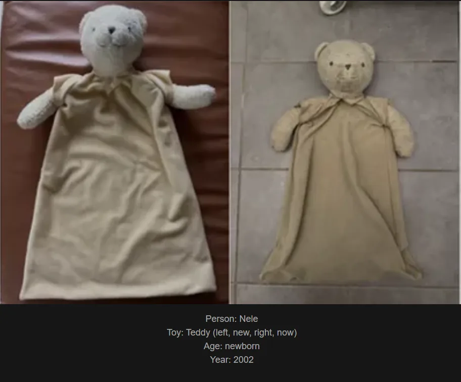 The image shows a split-screen comparison of a plush teddy bear wearing a beige cloth garment. The left side shows the bear…