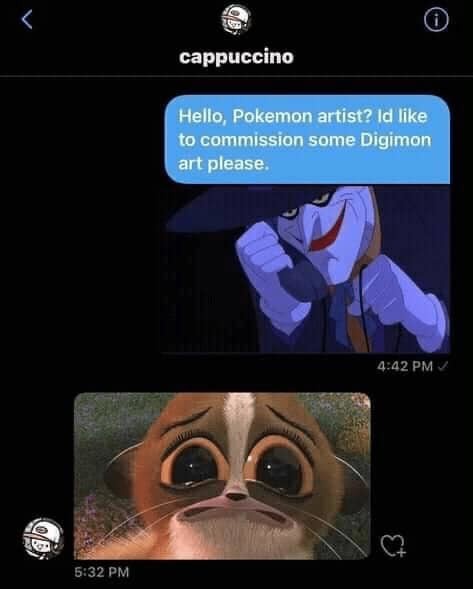 A screenshot of a text conversation shows a user named 'cappuccino' sending a message to a 'Pokemon artist' asking to…