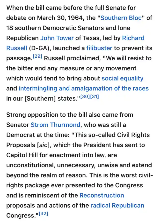 The image displays a block of text from a historical document detailing the 1964 Civil Rights Act filibuster. It describes…