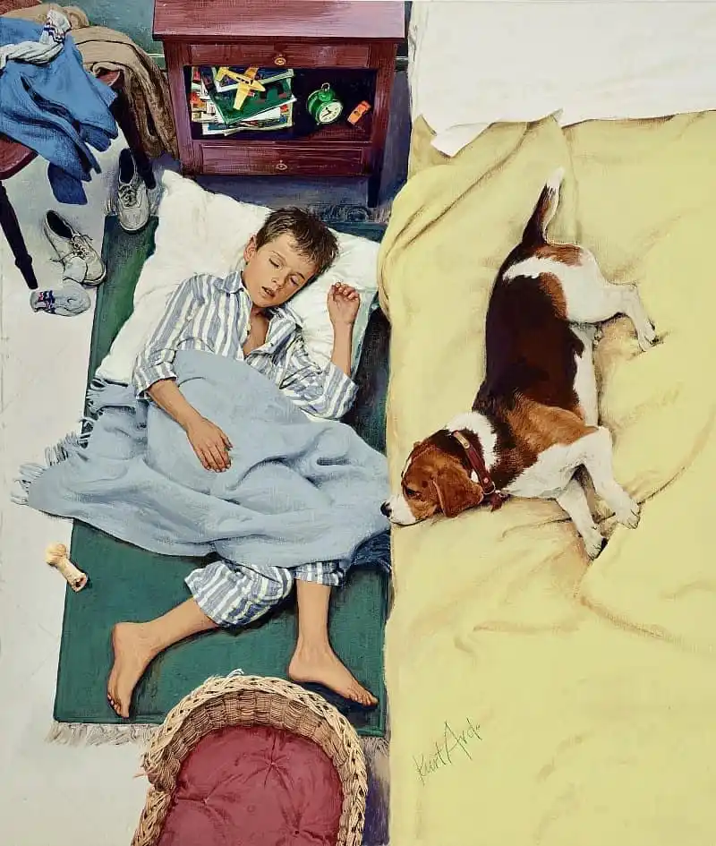 A vintage-style painting depicts a young boy and a beagle dog sleeping side-by-side in separate beds. The boy wears striped…