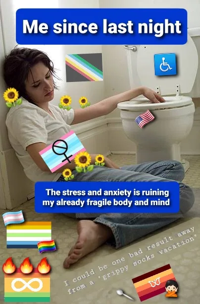 A person is sitting on the bathroom floor next to a toilet, looking exhausted and stressed. The image is overlaid with…
