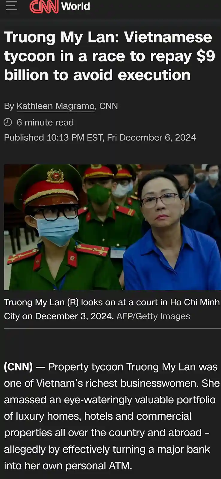 A screenshot of a CNN World news article about Vietnamese businesswoman Truong My Lan, who is depicted in a blue shirt…