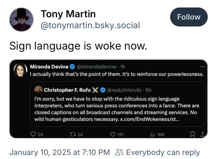 A screenshot of a Twitter thread shows Christopher F. Rufo criticizing sign language interpreters for making press…