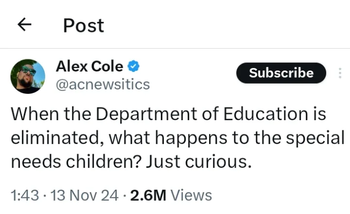 A screenshot of a YouTube post by Alex Cole (@acnewsitics) showing a tweet-like text overlay that reads 'When the Department…
