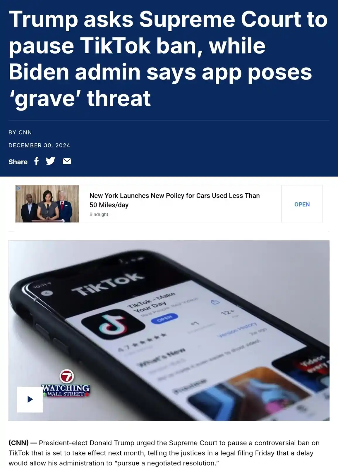 A screenshot of a CNN news article from December 30, 2024, with a headline about Trump asking the Supreme Court to pause a…