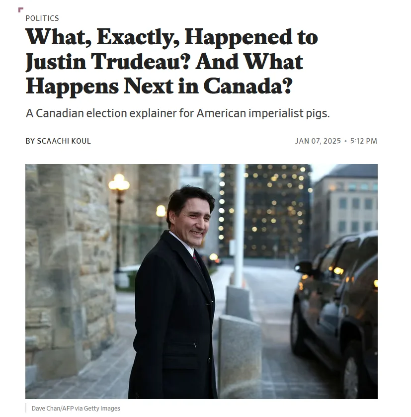 A screenshot of a news article header showing a photo of Justin Trudeau smiling while walking outdoors near a stone building…