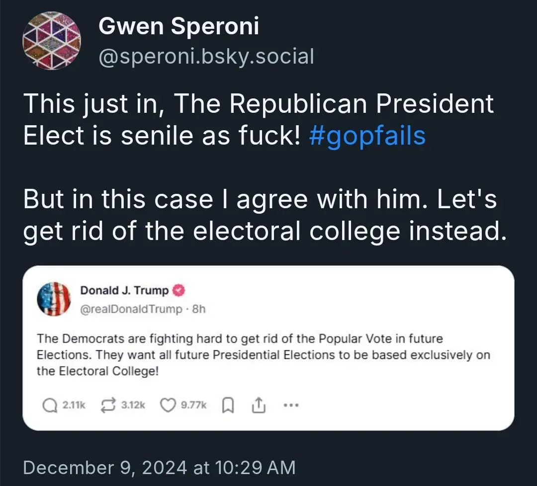 A screenshot of a social media post by Gwen Speroni, who sarcastically agrees with a fictional 'Republican President Elect'…