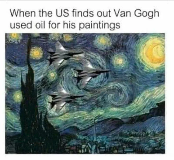 The image shows Vincent van Gogh's famous painting 'The Starry Night' with three fighter jets superimposed over the swirling…
