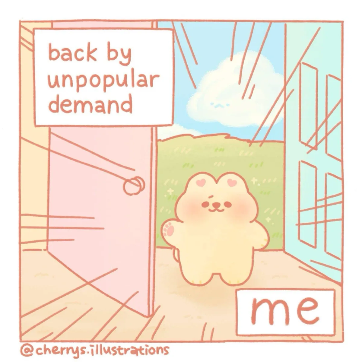 A cute, fluffy, yellow cartoon creature with heart-shaped ears stands in a doorway, looking cheerful. Above the door is a…