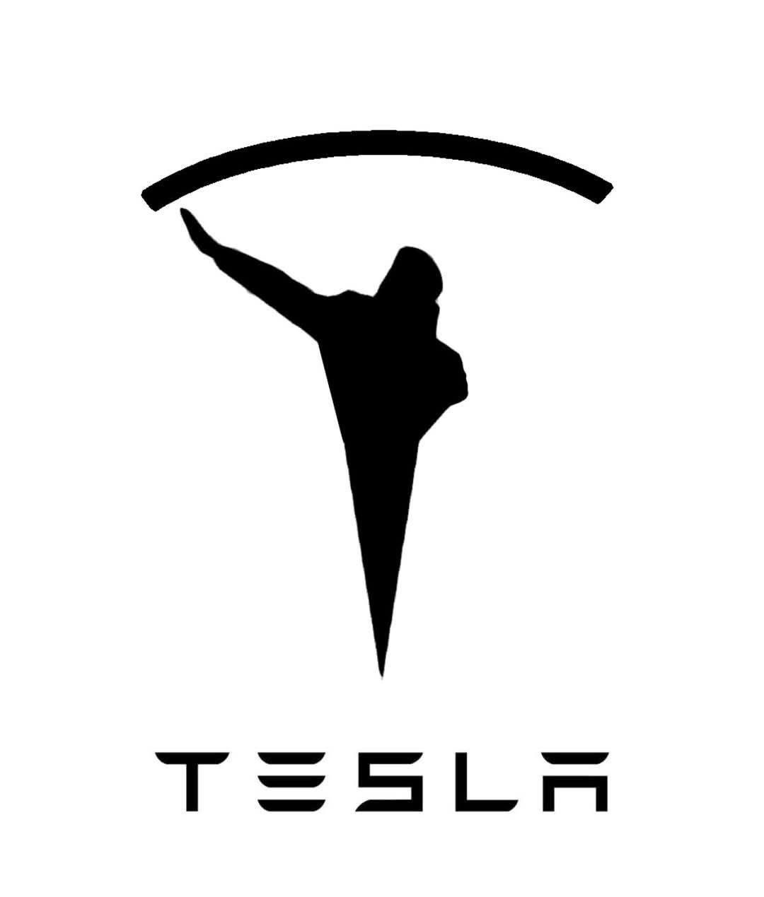 The image displays the Tesla logo, which is a black silhouette of a person in a yoga pose with one arm raised, forming the…