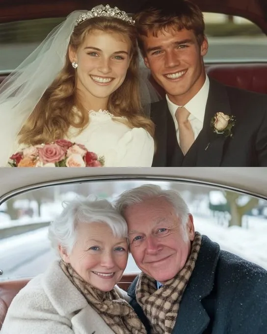 The image is split into two photos showing the same couple at different life stages. The top photo shows a young bride and…