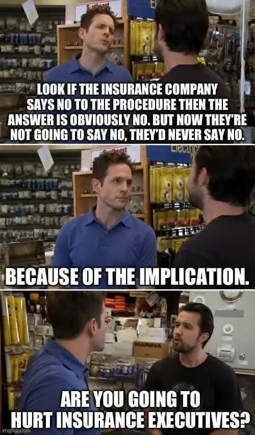 A three-panel meme featuring a man in a blue shirt talking to another man in a store. The text overlays explain a logical…