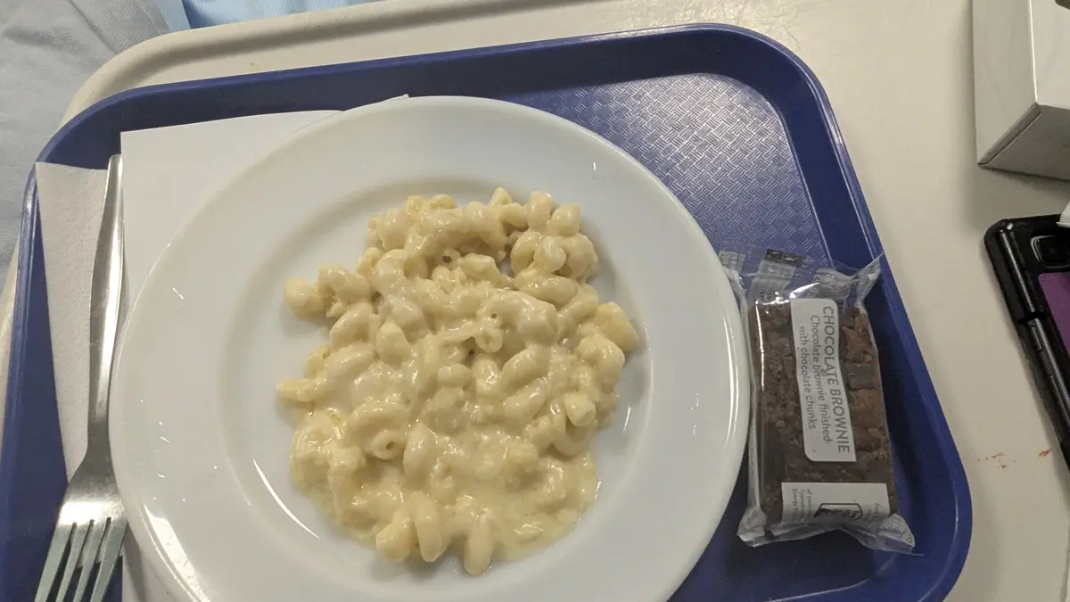 A hospital or cafeteria tray holds a white plate with plain macaroni and cheese and a packaged chocolate brownie labeled…