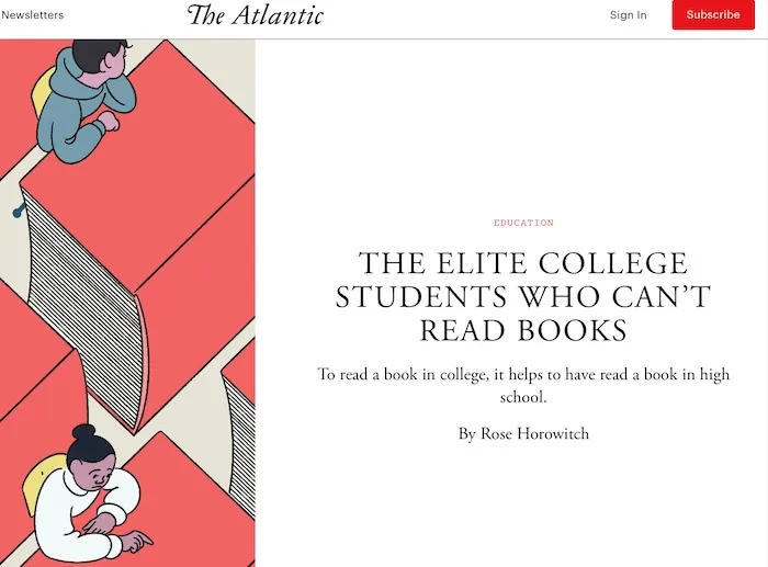 An illustration from The Atlantic magazine shows two students sitting atop giant red books, appearing overwhelmed or tired…