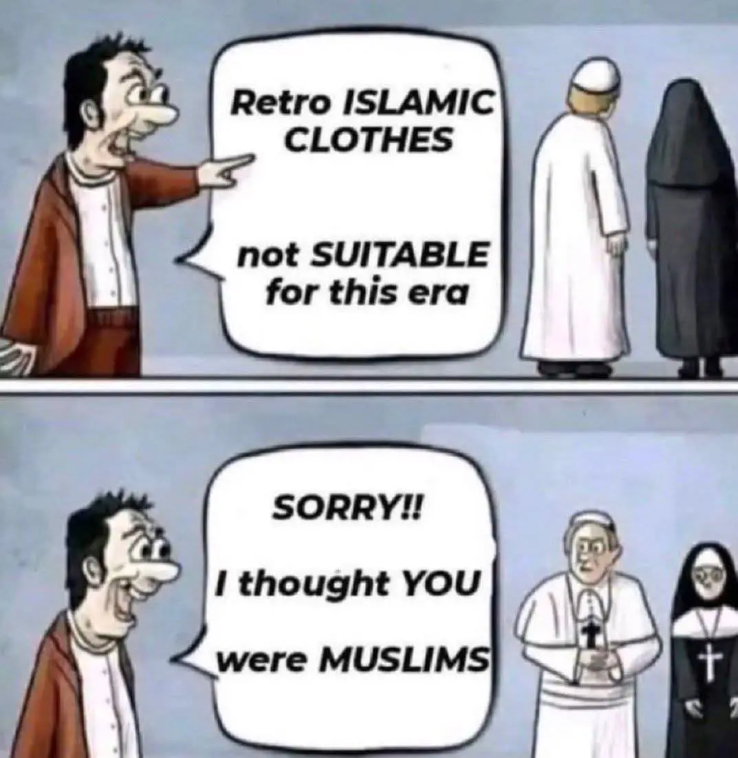 A cartoon depicts a man pointing at two figures in religious attire, one in a white robe and another in a black habit…