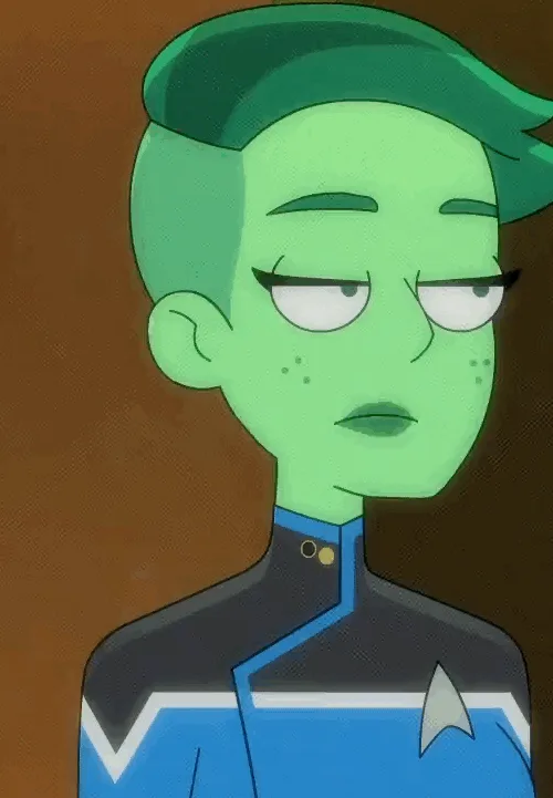 A three-panel meme featuring the green-skinned animated character from 'Star Trek: Lower Decks' in a Starfleet uniform. In…