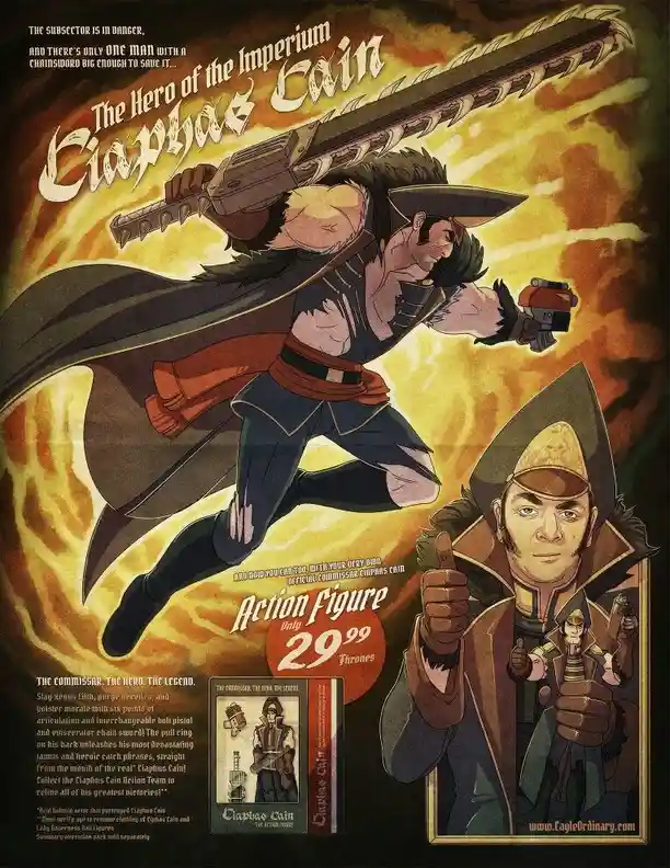 A parody advertisement for a fictional action figure of Ciaphas Cain, a character from the Warhammer 40,000 universe…