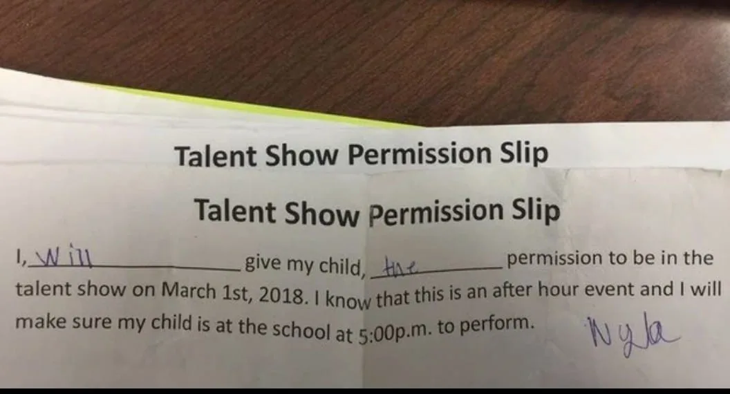 A close-up of a crumpled 'Talent Show Permission Slip' with handwritten names 'Will' and 'Hat' filling in the blanks for…