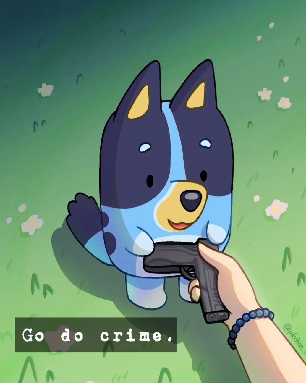 A cartoon blue heeler dog with a cheerful expression stands in a grassy field with small white flowers, holding a handgun…