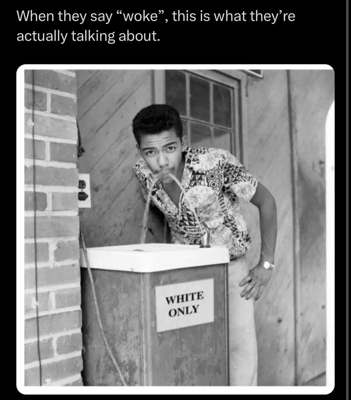 A black-and-white photo shows a Black man drinking water from a public fountain labeled "WHITE ONLY". He stares directly at…