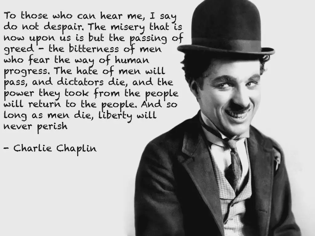 A black-and-white portrait of Charlie Chaplin smiling, wearing a bowler hat and suit, with a long quote attributed to him…