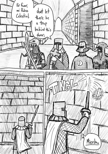 A black-and-white comic strip shows four armored knights in a stone corridor. One knight pleads to their 'Celestial Father'…