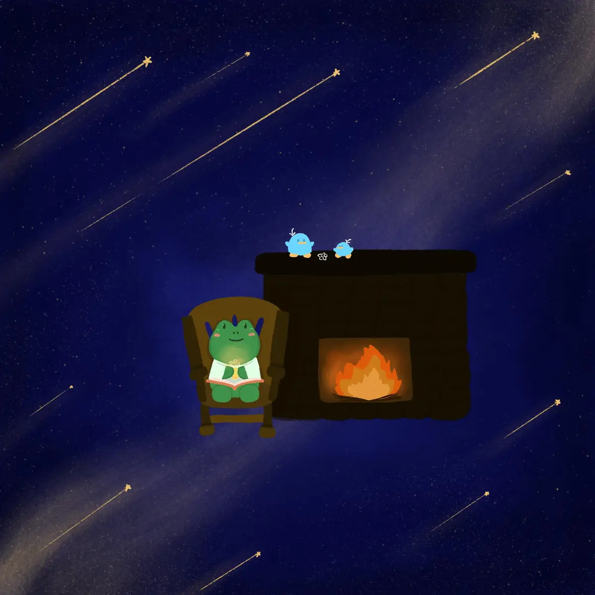 A cozy cartoon scene shows a green dragon-like creature in a wooden chair reading a book beside a lit fireplace, with two…