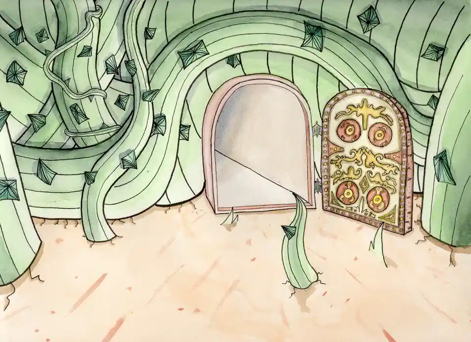 A watercolor illustration depicts an ornate, arched doorway set within a green, vine-covered structure resembling a hobbit…