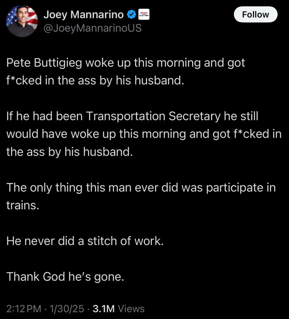 A screenshot of a tweet by Joey Mannarino showing white text on a black background. The text is a series of statements…