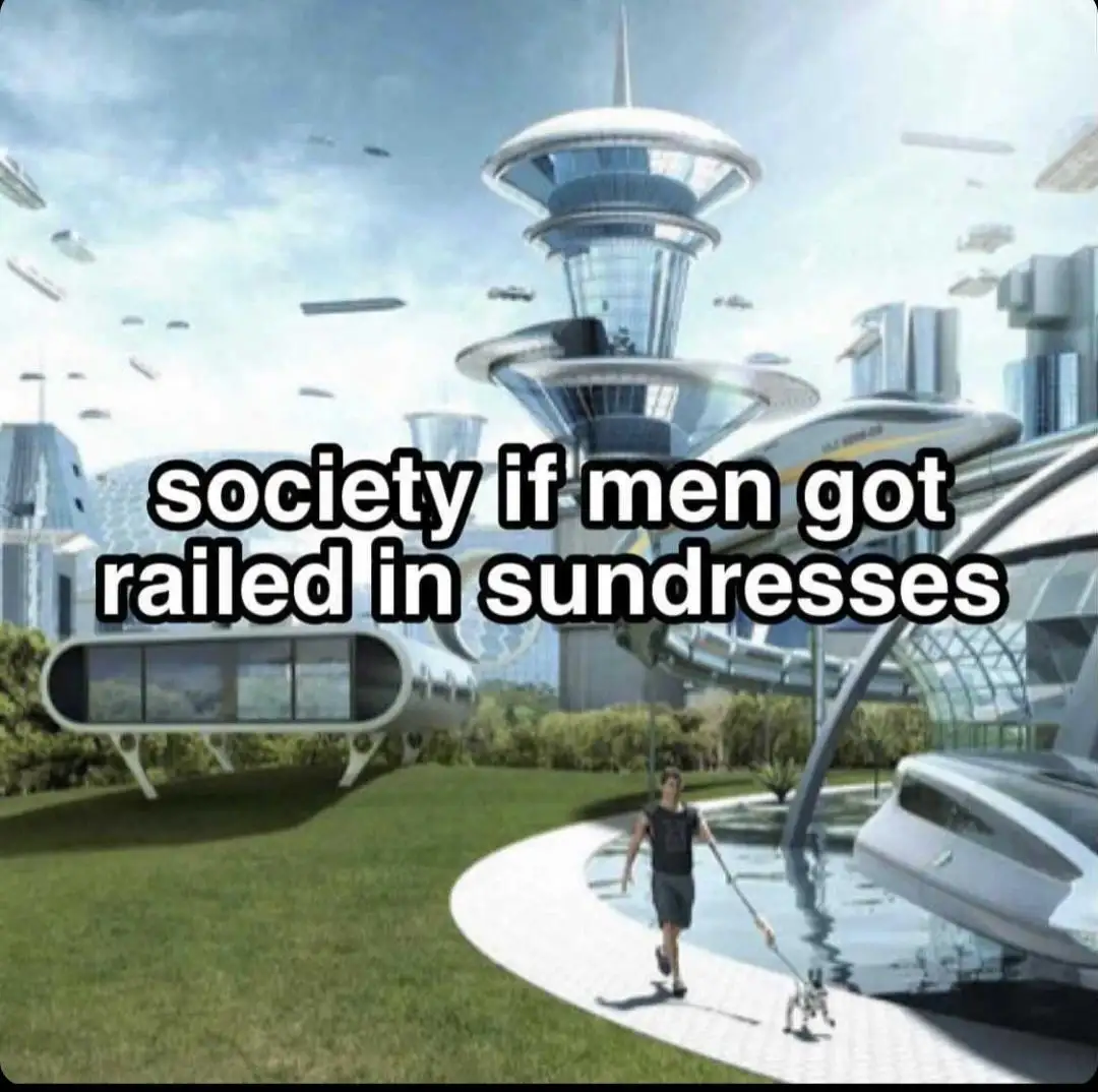 A futuristic cityscape with flying vehicles and sleek architecture, featuring a man in casual attire walking a small dog on…