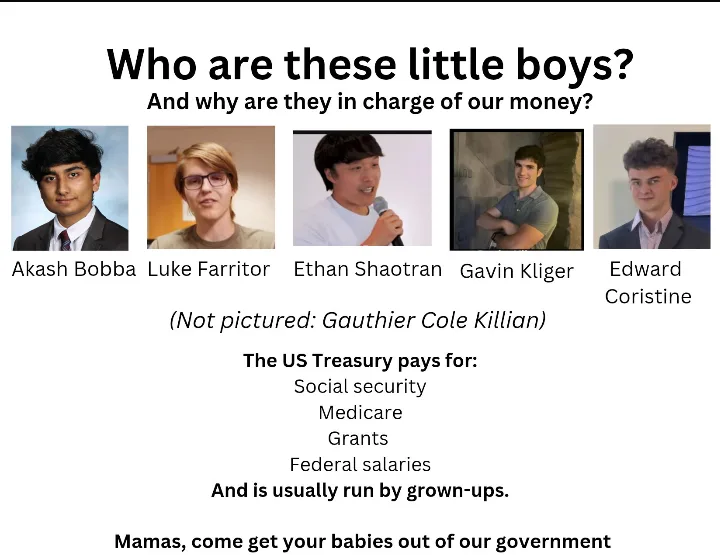 A meme image displays five young men's headshots with their names underneath, under the heading 'Who are these little boys?…