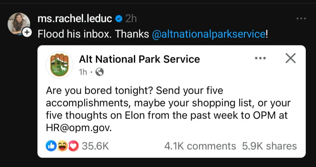 A screenshot of a Twitter post by 'ms.rachel.leduc' replying to a tweet from 'Alt National Park Service'. The original tweet…