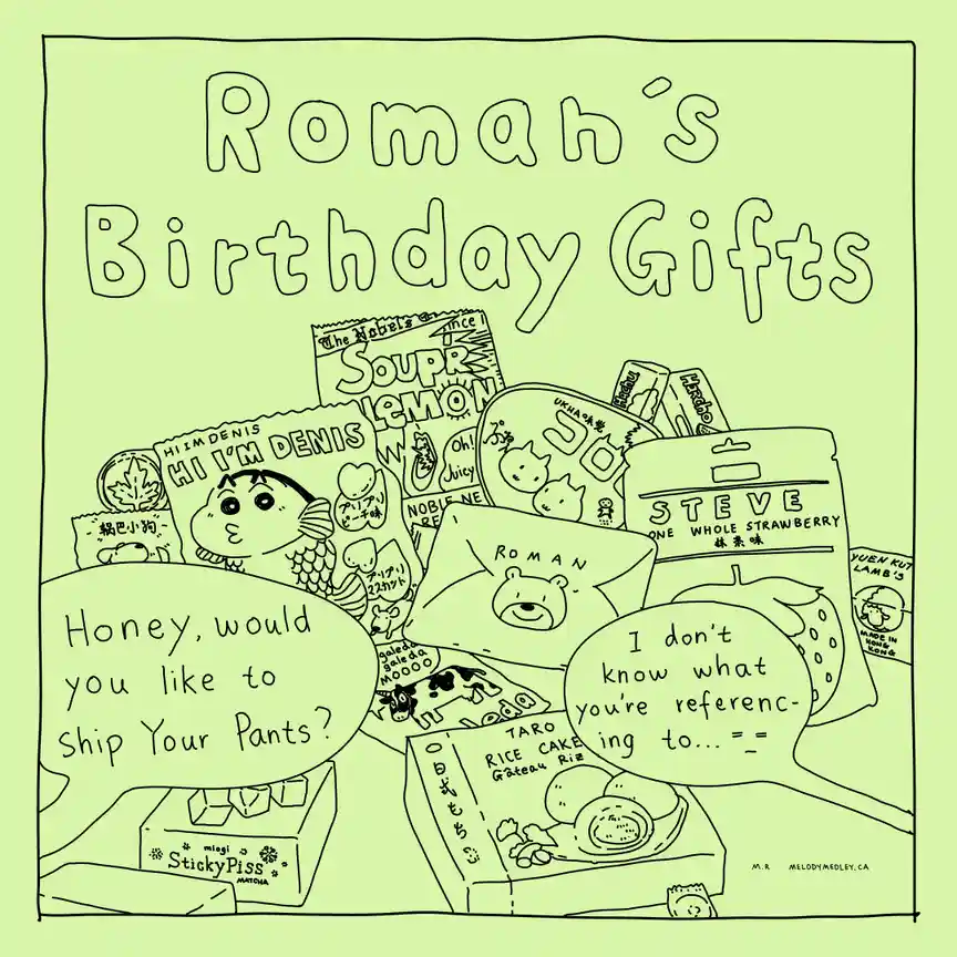 A hand-drawn, light green comic panel titled 'Roman's Birthday Gifts' shows a pile of Asian snack packages with cartoon…