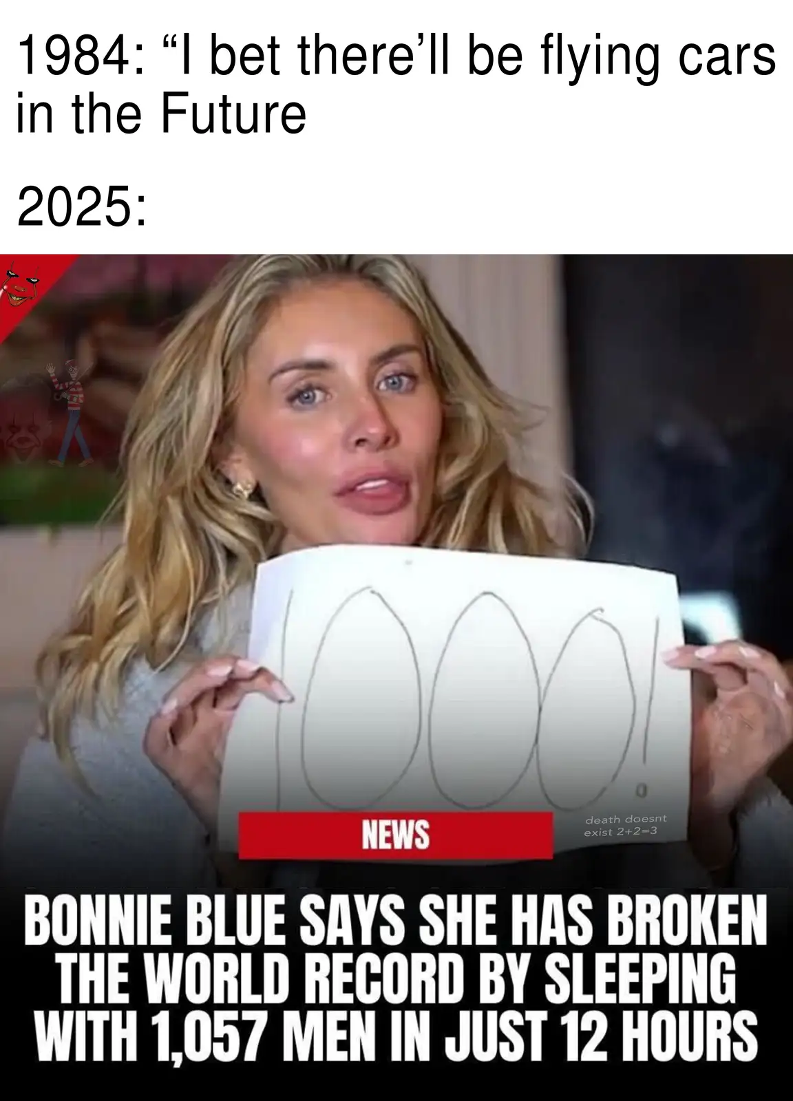 The image shows a woman holding a whiteboard with three crude oval shapes and an exclamation mark, resembling the number…