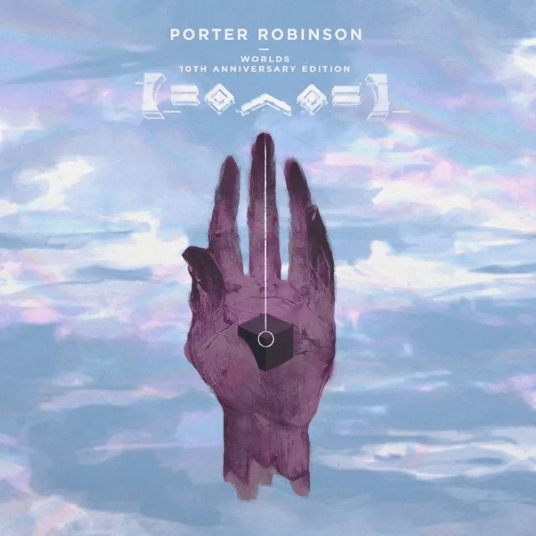 The image is the album cover for Porter Robinson's 'Worlds 10th Anniversary Edition'. It features a stylized purple hand…