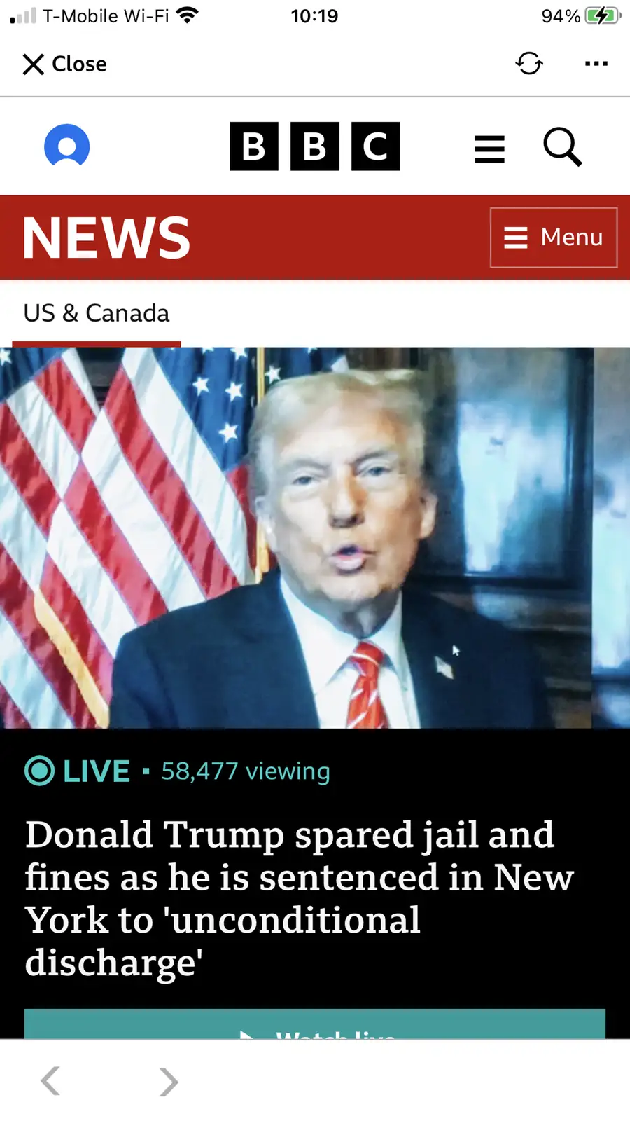 A screenshot of a BBC News mobile app live broadcast shows Donald Trump speaking in front of an American flag. The headline…