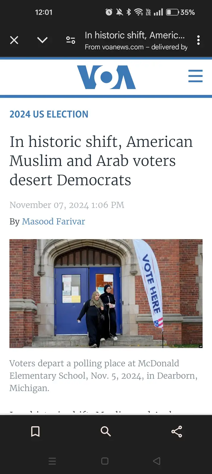 A screenshot of a VOA news article from November 7, 2024, titled 'In historic shift, American Muslim and Arab voters desert…