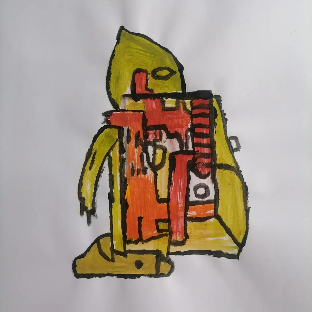 A child's crayon drawing of a robot with a yellow body, red torso, and a single eye, drawn on white paper. The robot has a…