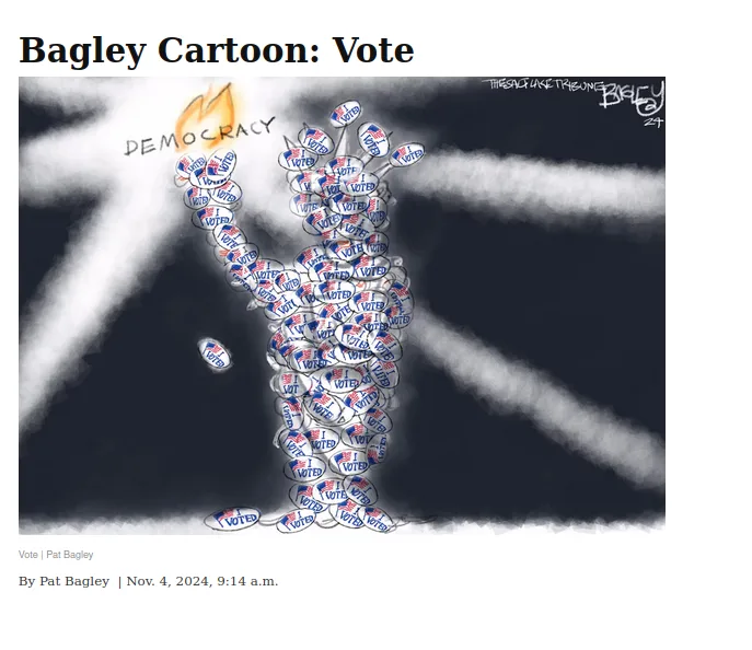 A cartoon by Pat Bagley depicts a human-like figure made entirely of 'I VOTED' stickers, with the word 'DEMOCRACY' written…