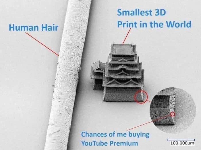 A microscopic image shows a tiny 3D-printed Japanese-style castle next to a human hair for scale, with text labels…