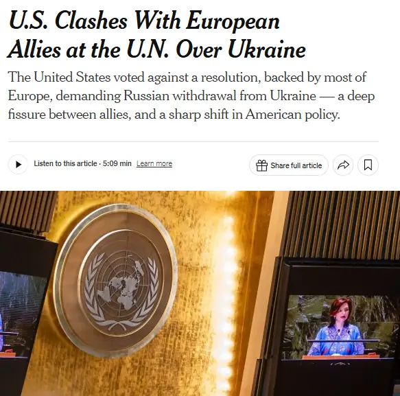 A screenshot of a news article headline reading 'U.S. Clashes With European Allies at the U.N. Over Ukraine' is overlaid on…