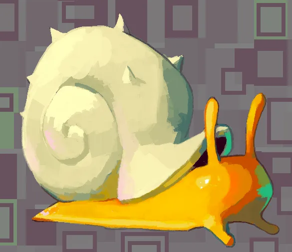 A stylized, cartoonish snail with a cream-colored spiral shell and a bright orange-yellow body is shown crawling slowly on a…